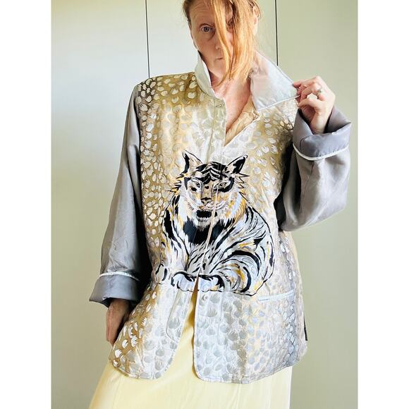 Vintage Diane Gilman Silk Tiger Print Graphic Jacket Silver Gold Statement SZ 2X - Picture 1 of 10